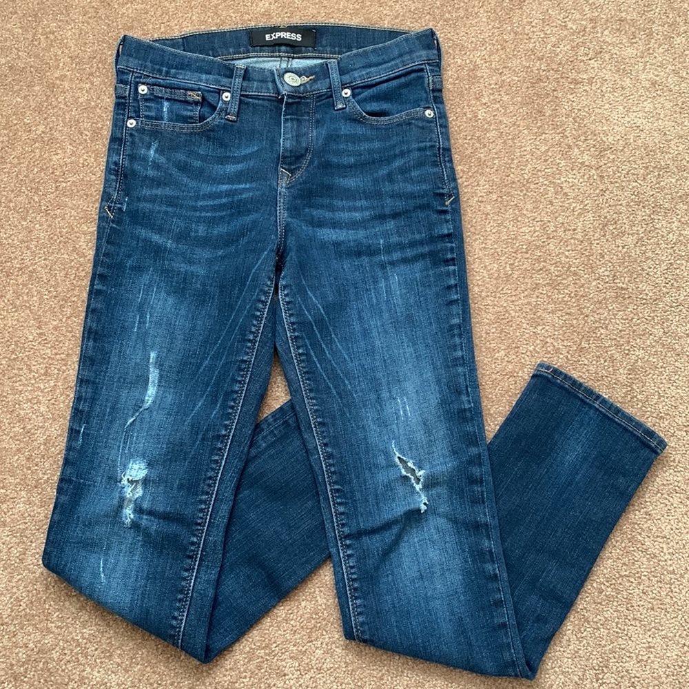 Express Mid Rise Dark Wash Ripped Super Skinny Jeans, Size 2R